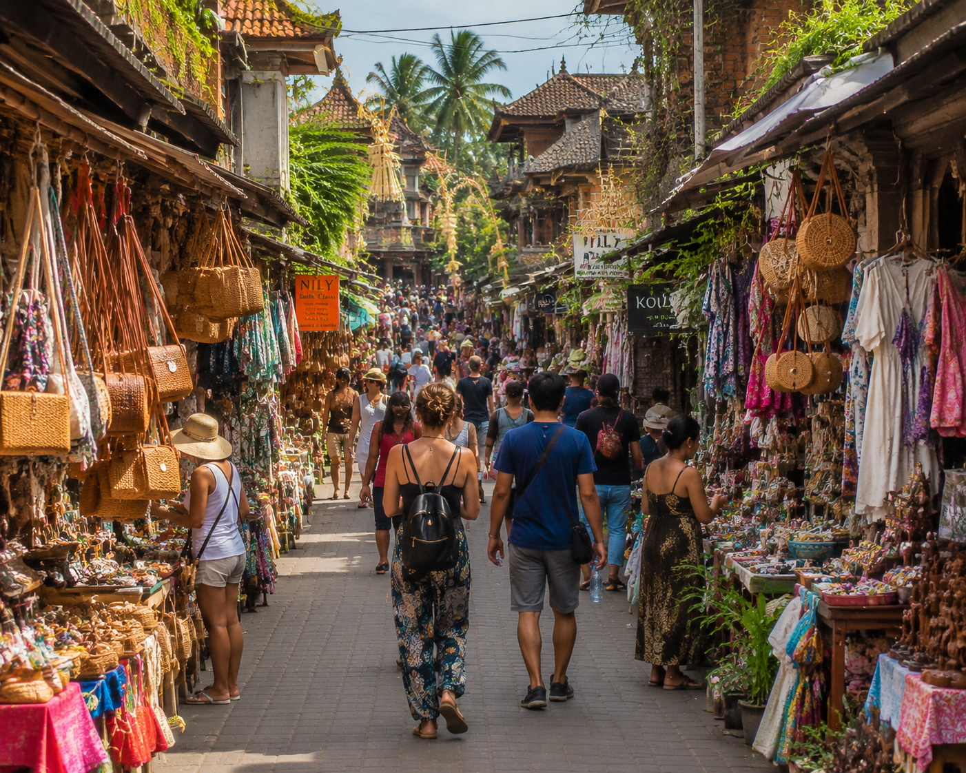 Rice terraces or Ubud street market bustling with locals