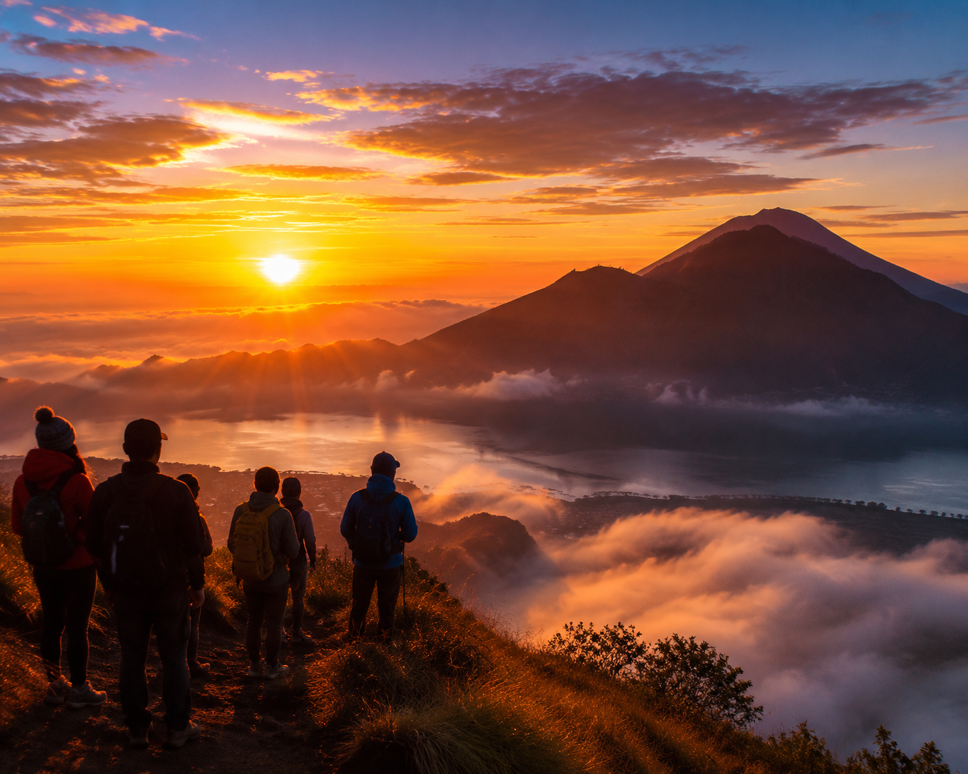 Sunrise over Mount Batur with hikers silhouetted