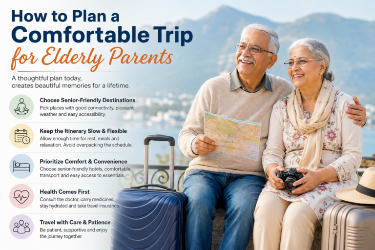 Elderly couple enjoying a comfortable holiday with travel luggage and scenic mountain view, representing safe and senior-friendly travel planning